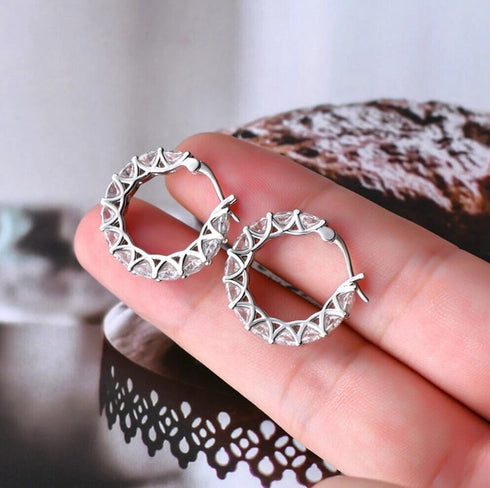 Sparkling 14K White Gold Plated Circle Cubic Zirconia Men Women Hoop Earrings