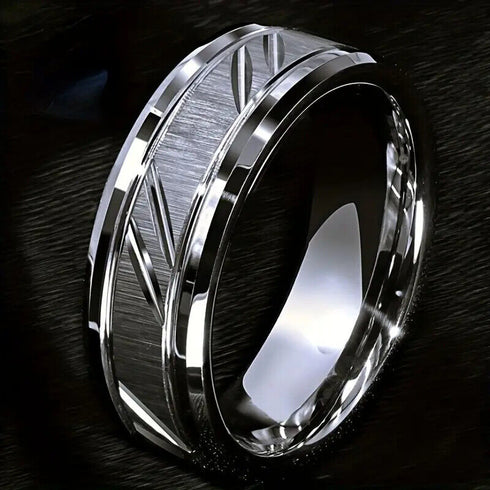 Avant-Garde Comfort-Fit Brushed Custom Cut Groove 8mm Tungsten Wedding Band