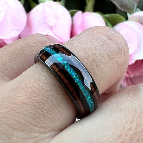 Men's 8mm Tungsten Carbide Crushed Turquoise Koa Wood Comfort-Fit Wedding Band
