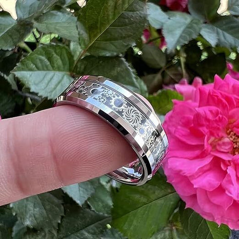 Beveled Edge Mechanical Steampunk Gear Comfort-Fit 8mm Tungsten Wedding Ring