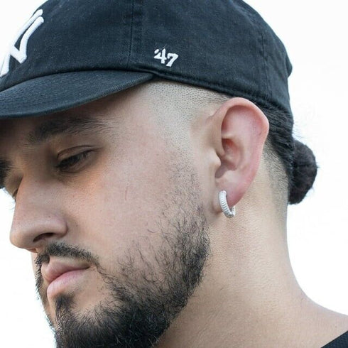 Fully Iced 18K White Gold Plated 3Row Honey Comb Zirconia Men Women Hoop Earring