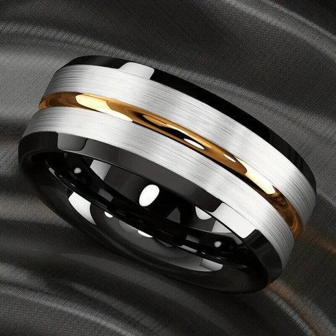 Men's 8mm Tungsten Silver Brushed Black Edge Golden Groove Wedding Band