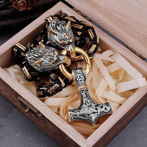 Titanium Norse Viking Twin Wolf W/Thor's Hammer 2-Tone Pendant Necklace