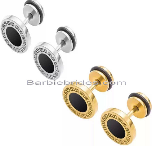 2Pairs 316L Surgical Steel Gold Silver Greek Key Pattern Men Women Stud Earrings
