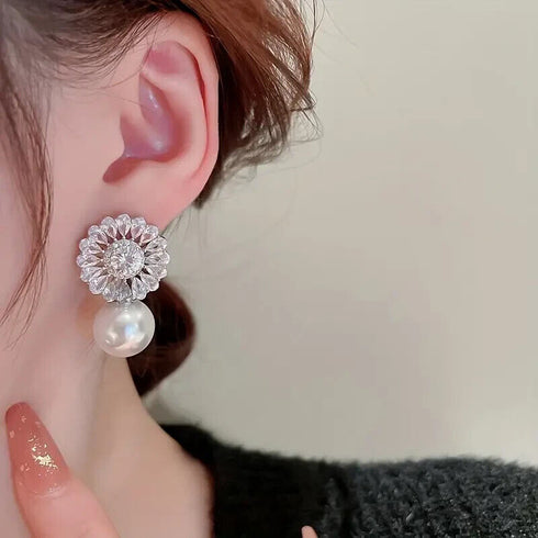 Stunning White Pearl Floral 18K White Gold-Plated Cubic Zirconia Bridal Earrings