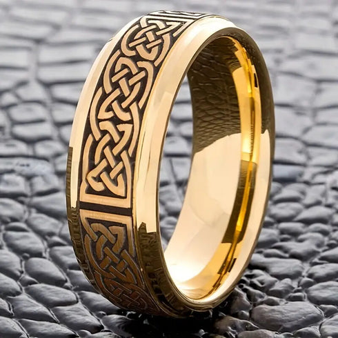 Men's 8mm Titanium Gold Black Celtic Knot Engraved Engagement Wedding Band
