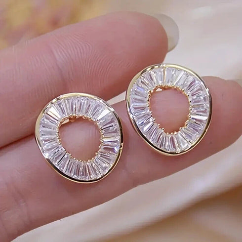 Stunning 14K Gold Plated Baguette Round AAA Cubic Zirconia Women Stud Earrings