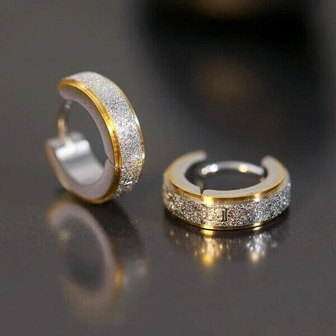 2Tone Titanium Frosted Gold Silver Hypoallergenic Men Women Huggie Hoop Earrings