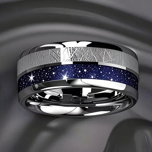 Men's 8mm Titanium Green Marble/Blue Galaxy & Meteorite Comfort-Fit Wedding Band
