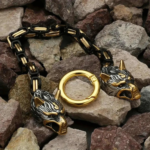 Titanium Norse Viking Twin Wolf W/Thor's Hammer 2-Tone Pendant Necklace