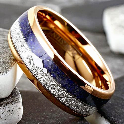 Men's 8mm Rose Gold Tungsten Blue Lapis Lazuli & Meteorite Inspired Wedding Band