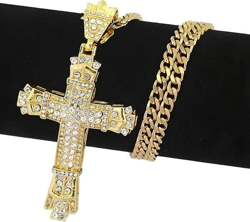 Iced Out Bling 18K Gold Plated Cubic Zirconia Cross Pendant Necklace