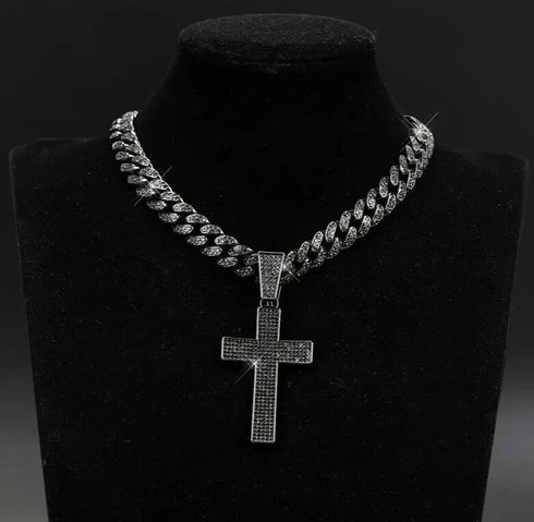 Rhodium Plated Iced Out Black CZ Cuban Chain Cross Pendant & Necklace