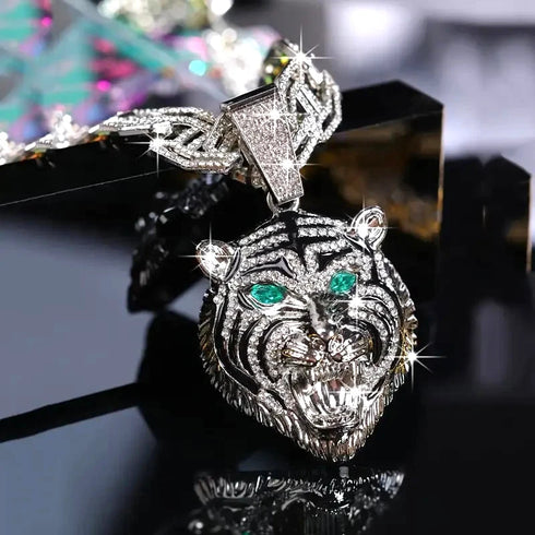 2-Pc ICED OUT Tiger Head 14K Gold Plated CZ Wide 'H' Shape Cuban Chain Necklace