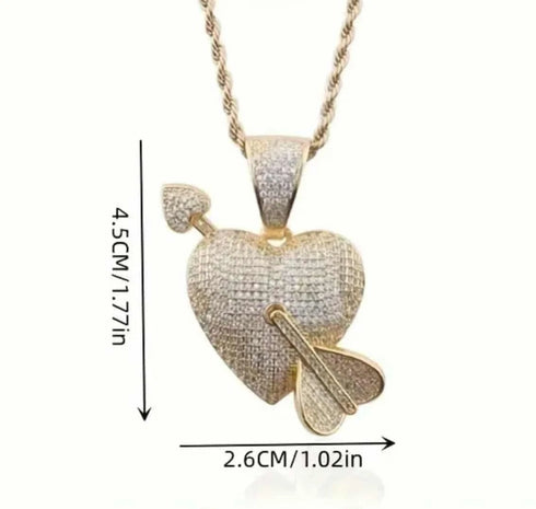 Iced Out Arrow Heart Bling 18K Gold Plated Cubic Zirconia Pendant Necklace