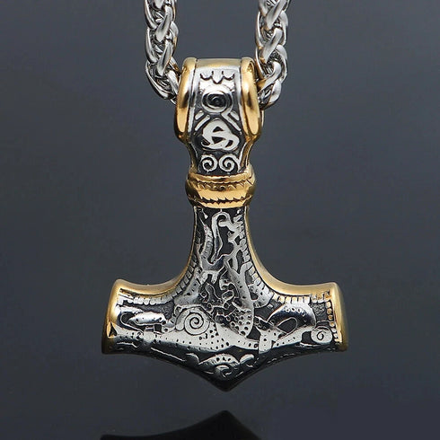 Nordic Viking Wolf Head Thor's Hammer Men Women Mjolnir Necklace & Bracelet Set