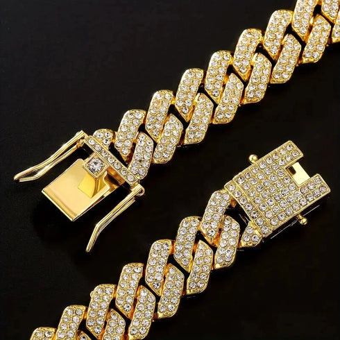 2-Pc Men FULLY ICED Thick 14K Gold Plated CZ Miami Cuban Link Necklace+Bracelet