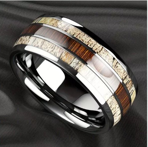 Silver Tungsten Ring Deer Antler Koa Wood Inlay 8mm Engagement Wedding Band