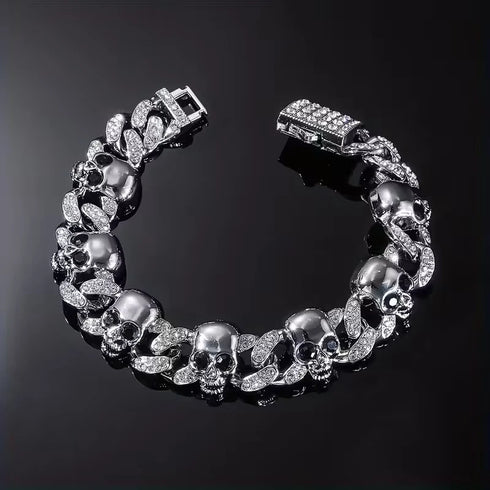 2-Pc Iced Out Skull Rhodium Plated Cubic Zirconia Unisex Cuban Necklace & Bracelet