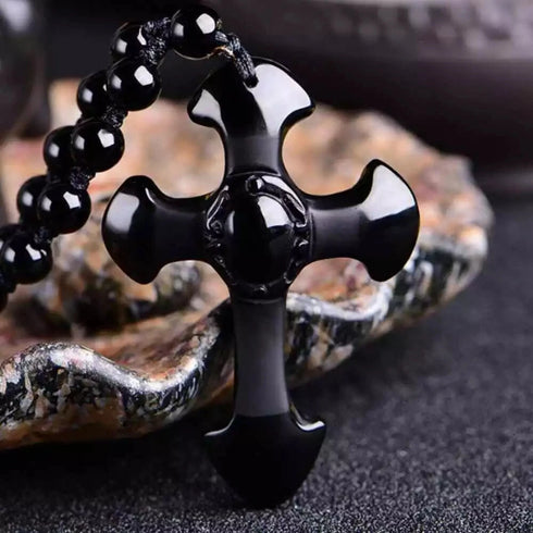 Good Luck Amulet Obsidian Cross Beaded Pendant Necklace