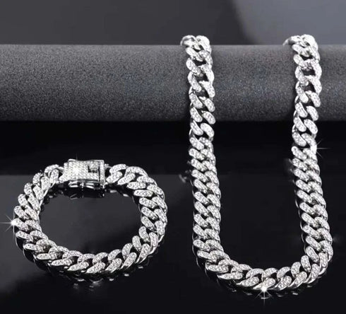 2Pc FULLY ICED 14K White Gold Plated CZ Miami Cuban Link Chain Necklace & Bracelet