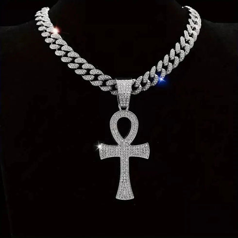 3-Pcs Iced 14K Gold Plated CZ Large Ankh Cross Pendant with Cuban Necklace & Bracelet