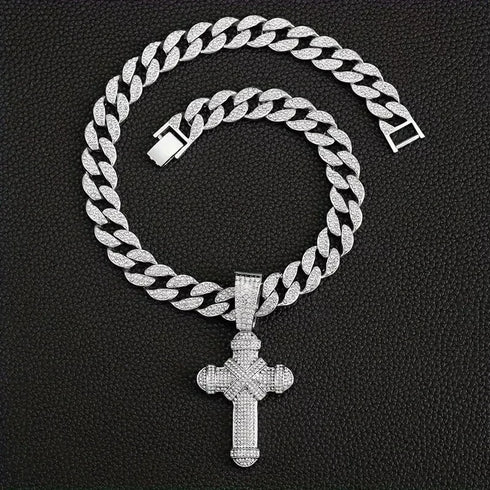 Iced Out Bling 14K White Gold Plated CZ Miami Cuban Chain Cross Pendant Necklace