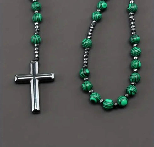 Green Malachite & Hematite Beaded Rosary Cross Pendant Necklace