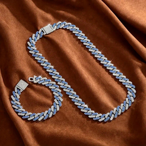 2 Pc Men Women FULLY ICED Rhombus Blue Cuban Link Chain 2Row CZ Necklace & Bracelet