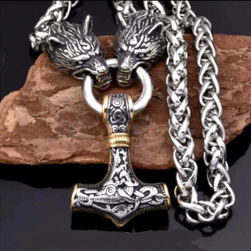 Titanium Norse Viking Twin Wolf Thor Hammer Pendant Necklace