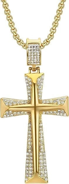 Iced Out Bling 18K Gold Plated Cubic Zirconia Cross Pendant Necklace