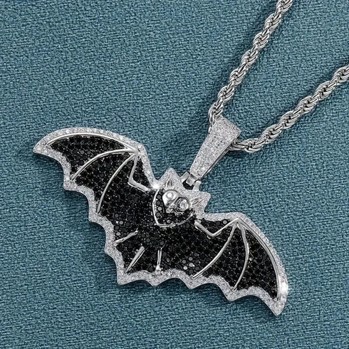 Iced Out Paved 14K White Gold Plated Cubic Zirconia Black Bat Pendant Necklace