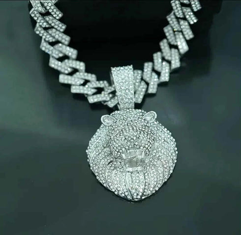 3-Pcs Iced Out 14K Gold Plated CZ Lion Head Pendant W/Cuban Necklace & Bracelet