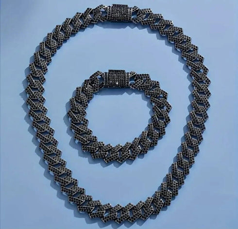 2 Pc FULLY ICED Black Rhodium Plated Cubic Zirconia Necklace & Bracelet