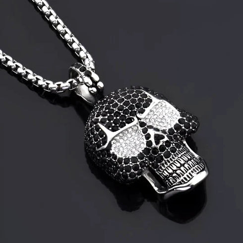 Iced Out 14K White Gold Plated Cubic Zirconia Sugar Skull Head Pendant Necklace