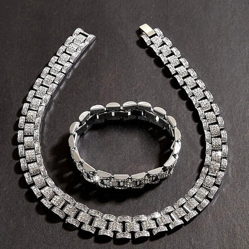 2Pc Men FULLY ICED Watch Band Baguette Chain 14KGold Plated CZ Necklace & Bracelet