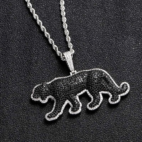 Iced Out 14K Gold Plated Cubic Zirconia Black Jaguar Panther Pendant Necklace