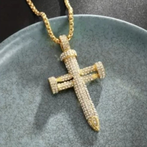 Men's Exquisite Iced Micro Pave 14K Gold Plated CZ Nail Cross Pendant Necklace