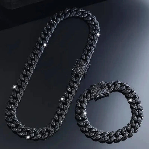 2 Pcs Men Women FULLY ICED Black Rhodium Plated Cubic Zirconia Necklace & Bracelet