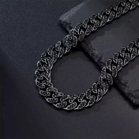 2Pcs Men Iced Out Gun Black Rhodium Plated CZ Cuban Link 55CM Necklace & Bracelet Set