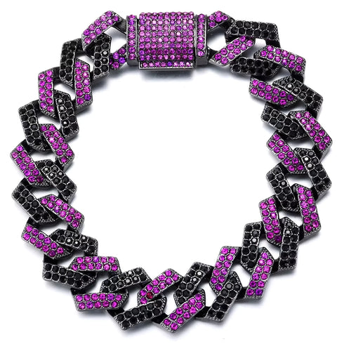2Pc FULLY ICED Bling Rhodium Plated Purple Black CZ Cuban Link Necklace+Bracelet