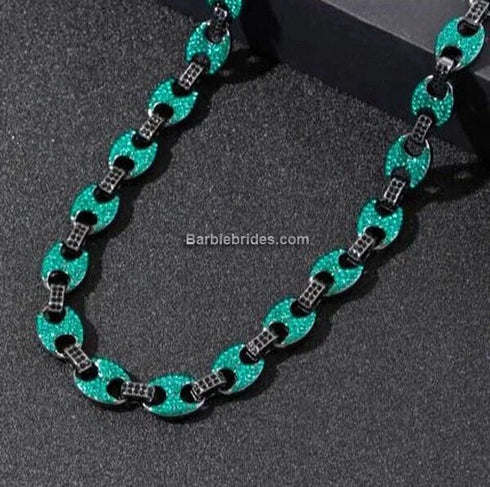 2-Pc FULLY ICED Round Cut Rhodium Plated Green Black CZ Necklace & Bracelet Set