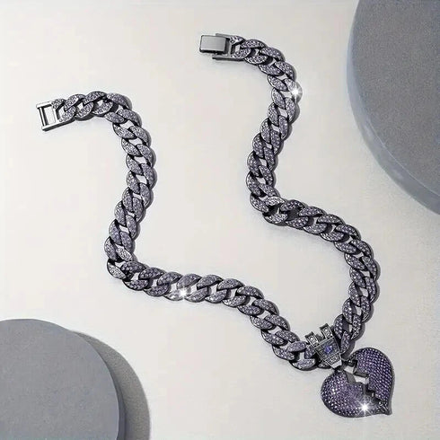 ICED OUT Broken Heart Rhodium Plated Purple Cubic Zirconia Cuban Chain Necklace