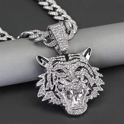 3 Pc Iced Out 14K Gold Plated CZ Tiger Head Pendant & Cuban Chain Necklace & Bracelet