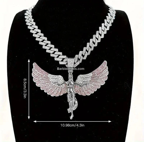 3Pc Iced Out 14KWhite Gold Plated CZ Angel Cuban Chain Pendant Necklace & Bracelet