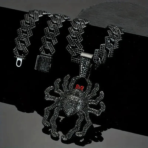 FULLY ICED Black Rhodium Plated Cubic Zirconia Spider Pendant & Cuban Necklace
