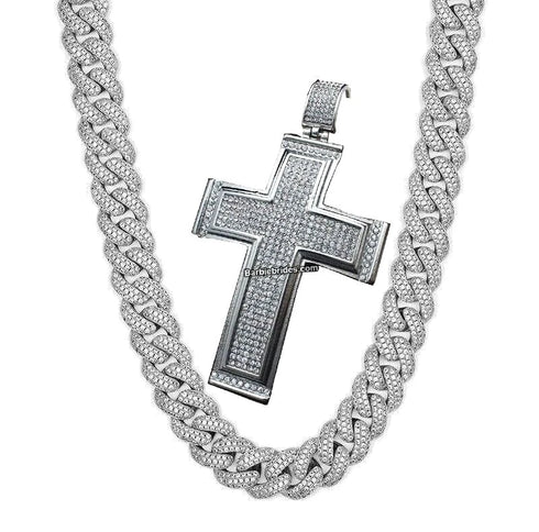 3-Pcs Iced 14K White Gold Plated CZ Large Cross Pendant with Cuban Necklace & Bracelet