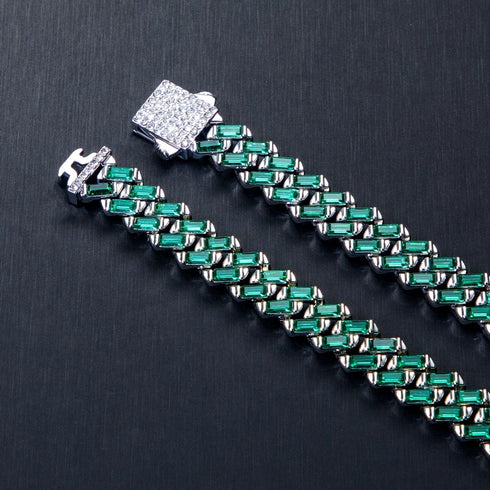 Green 18K White Gold Plated Baguette Cut CZ Men Women 13mm Cuban Chain Necklace