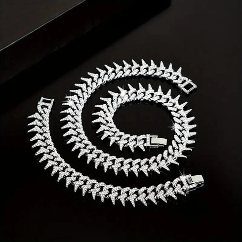 2 Pc FULLY ICED 14K White Gold Plated CZ Thorn Cuban Link Chain Necklace & Bracelet
