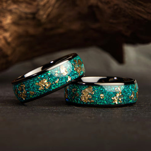 Men Women 8mm Tungsten Green Gold Leaf Flakes Meteorite Comfort-Fit Wedding Band